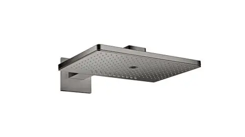 Kopfbrause in quadratischer Form an einem Wandarm, mit gleichmäßig angeordneten Düsen, aus Schwarz verchromtem Material, von AXOR.